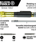 HVAC Tool Kit With 3 In 1 Pocket Screwdriver showing rotating cap, interchangeable barrel, and pocket clip from Klein Tools.