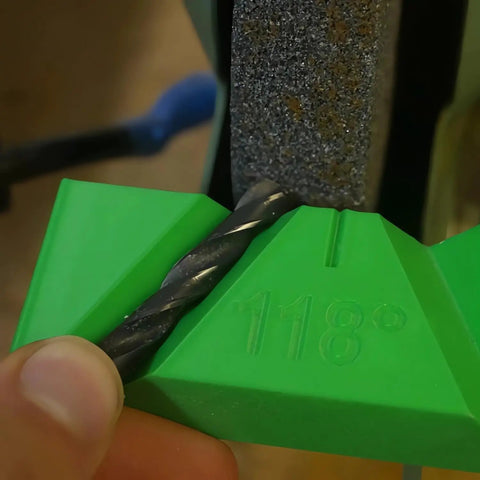 Heavy Duty Drill Bit Sharpening Guide Jig For 118 And 135 Degree Twist Bits, clamping a drill bit at 118° angle.