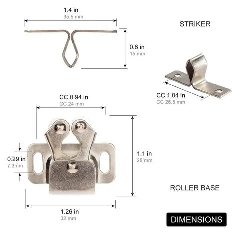 Dimensions of Antique Copper Cabinet Door Roller Catches With Double Latches, Striker And Mounting Screws detailed view.