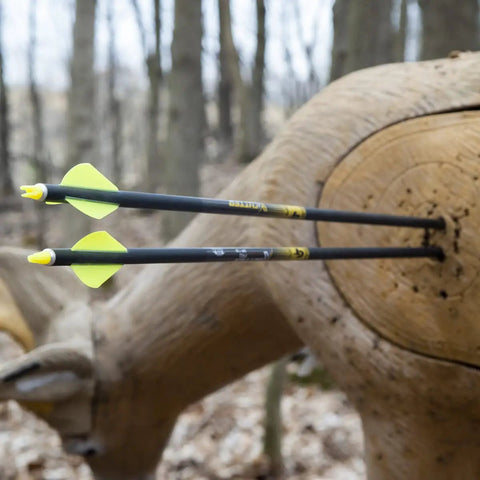 Arrows with bright vanes striking a 3D deer target outdoors, illustrating use for 2-Inch Shield Vanes In Pink, Pack Of 36 For Target And Field Archery, Bowhunting And Recreational Shooting, High-Vis Pink Color For Stable Arrow Flight And Precise Shots.