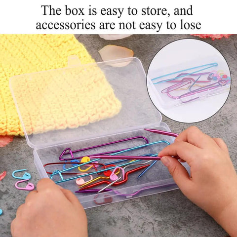 Hands picking colorful aluminum U-Cable stitch holders from a transparent box, part of 19 Piece Knitting Cable Stitch Holders Set.