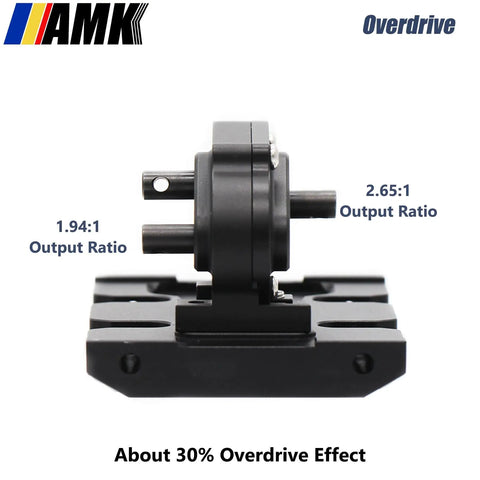 1 By 10 Scale RC Crawler Transmission Kit Beefed Up With Thirty Percent Overdrive Gearbox And Three Driveshafts For Axial SCX10 II Element Enduro DIY LCG Chassis Black close-up showing gearbox with 1.94:1 and 2.65:1 output ratios.