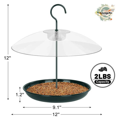 Outdoor Platform Bird Feeder With 12 Inch Weatherproof Dome And Squirrel Resistant Tray 2 Lb Seed Capacity 360 Degree Feeding Easy Hang Green Backyard Feeder For All Birds