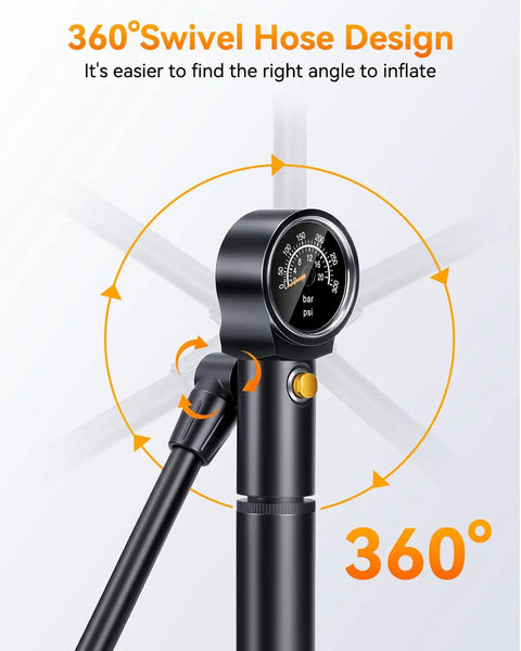 360° swivel design of Dope Portable Bike Pump With Gauge 300 PSI High Pressure Hand Pump For Presta And Schrader Valves