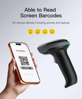 Wireless 2D Barcode Scanner Bluetooth 1MP QR Code Scanner scans QR code from smartphone screen in hand.