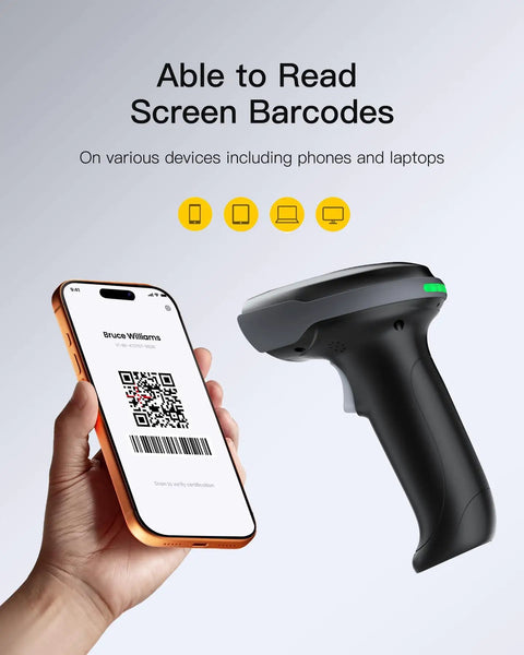Wireless 2D Barcode Scanner Bluetooth 1MP QR Code Scanner scans QR code from smartphone screen in hand.