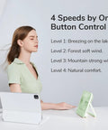 Woman enjoying Rechargeable Desk Fan With 4500mAh Battery, Foldable 180 Degree Portable Personal Fan on desk