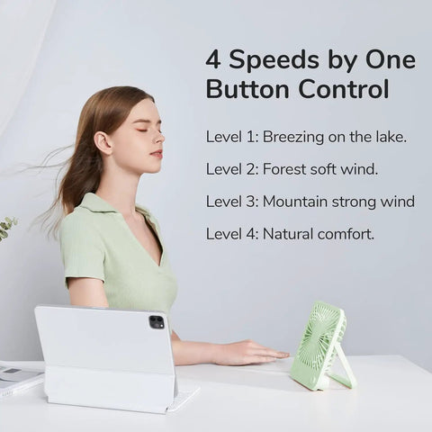 Woman enjoying Rechargeable Desk Fan With 4500mAh Battery, Foldable 180 Degree Portable Personal Fan on desk