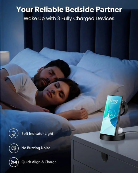 Couple asleep with Must Have 3 In 1 Wireless Charging Station For Galaxy devices on bedside table, showing digital clock display.