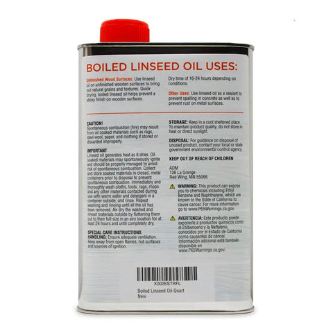 Back label of Fast Drying Boiled Linseed Oil For Wood Care, No Fuss Wood Treatment in quart size, instructions and cautions visible.