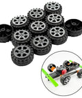 Plastic Toy Wheel Set for RC Cars and Robots, 30 Wheels with 15 Shafts, 2mm Diameter, shown with DIY robot chassis