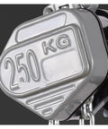 Compact Aluminum Alloy Hand Chain Hoist With Lever Lifting Tackle 0.25 Ton Capacity And 1.5 Meter Height showing 250 kg capacity tag close-up.