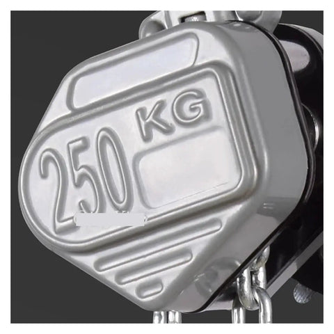 Compact Aluminum Alloy Hand Chain Hoist With Lever Lifting Tackle 0.25 Ton Capacity And 1.5 Meter Height showing 250 kg capacity tag close-up.
