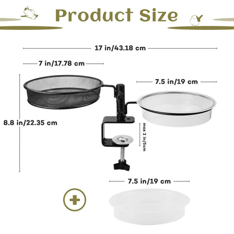 Diagram of Platform Deck Bird Feeder With Bath Dual Use Outdoor Bird Bath And Feeder showing clamp mount with size dimensions.