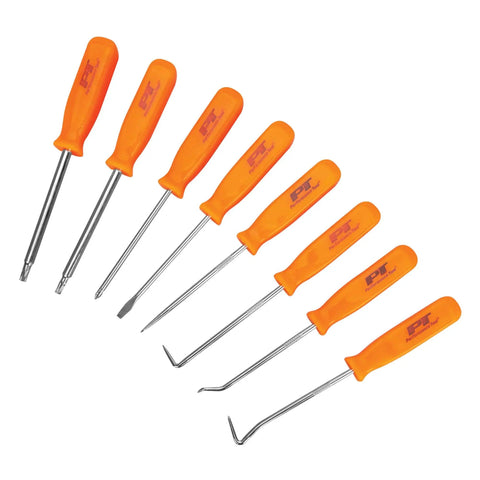 8 Piece Specialty Pick and Driver Set With Scraper, Pro Grade Precision Picks and Hooks, Chrome Vanadium Steel Shafts displayed