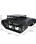 Beefy All Metal Tank Chassis With DC Geared Motor And Shock Absorbing Suspension For A Full Track Robotic Moving Platform Compatible With Arduino Raspberry Pi Jetson DIY Maker Smart Robot Car Learning Kit Black side view.