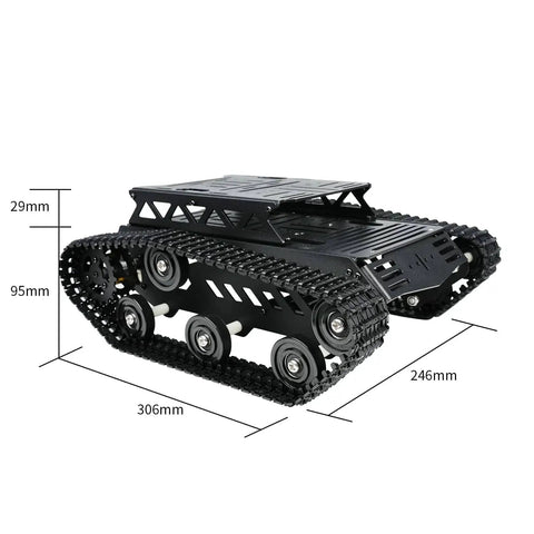 Beefy All Metal Tank Chassis With DC Geared Motor And Shock Absorbing Suspension For A Full Track Robotic Moving Platform Compatible With Arduino Raspberry Pi Jetson DIY Maker Smart Robot Car Learning Kit Black side view.