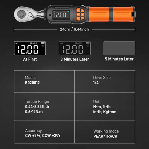 Digital Torque Wrench With LCD Display And Buzzer 0.44 To 8.8 Ft Lb Or 0.6 To 12 Nm One Quarter Inch Drive Pro Grade Tool shown with specifications