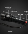 High Powered LED Flashlight S1200 Mid Size Zoomable Beam Water Resistant Handheld Light with labeled parts on black background