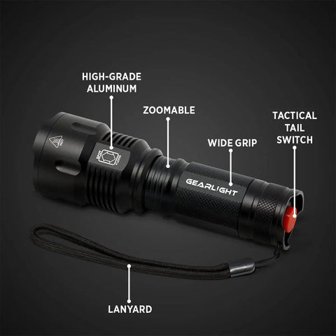 High Powered LED Flashlight S1200 Mid Size Zoomable Beam Water Resistant Handheld Light with labeled parts on black background