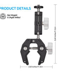 Heavy Duty Clamp Mount With 360 Degree Ballhead, Magic Arm And Double Ball Head shown with size dimensions
