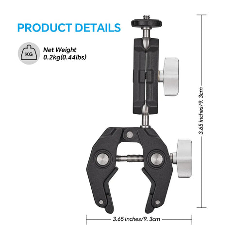 Heavy Duty Clamp Mount With 360 Degree Ballhead, Magic Arm And Double Ball Head shown with size dimensions