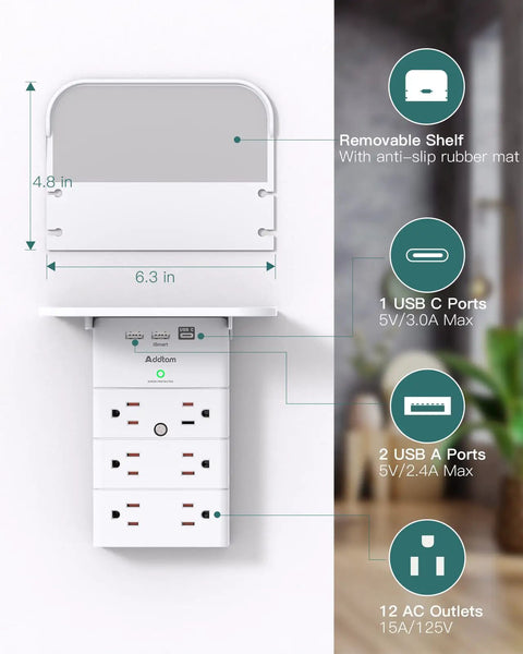 Heavy Duty Wall Outlet Extender With Built-In Shelf, 12 AC Outlets And 3 USB Ports With USB-C, features and dimensions shown