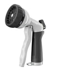 Tough As Nails Heavy Duty Metal Garden Hose Nozzle With Seven Adjustable Spray Patterns High Pressure Hand Sprayer With Flow Control For Watering Lawns And Plants Washing Cars And Pets Built To Last In Black, showing side view with black and grey metal body.
