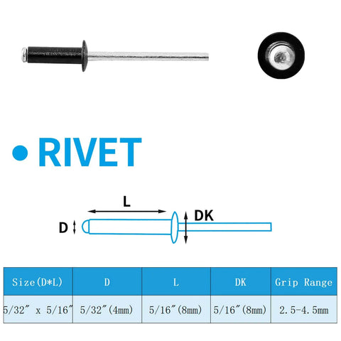 Aluminum Blind Rivet Kit 120 Pcs 5/32 Inch By 5/16 Inch Pop Rivets Assortment Black for Marine Boat Auto Body Metalworking DIY Projects