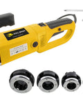 Steel Dragon Tools 550 Portable Handheld Pipe Threader Threading Machine with die heads, support arm, and accessories.
