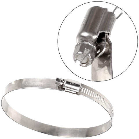 Close-up of metal clamp for 4 Inch Flexible Duct Hose, 12 Foot Black Vent Tube With 4-Layer Aluminum Construction And 2 Clamps, Heavy Duty Venting