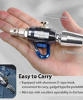 Mini Aluminum Windstorm Air Blow Gun With Adjustable Flow Nozzle shown in hand for size comparison, features D-type hook.