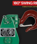 Two Pack Snatch Block With Hook, 2 Ton Working Load, 3 Inch Sheave, 3/8 Inch Wire Rope Compatible, 180° swing ring close-up.