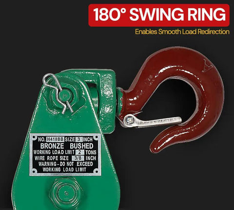 Two Pack Snatch Block With Hook, 2 Ton Working Load, 3 Inch Sheave, 3/8 Inch Wire Rope Compatible, 180° swing ring close-up.