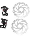Premium Aluminum Mechanical Disc Brake Kit For Mountain Bikes With Dual Knob Calipers And Full Front Rear Rotor Set, includes two calipers and rotors.