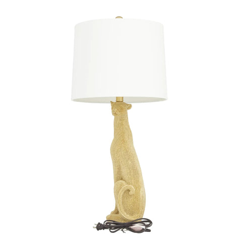 Leopard Polystone Table Lamps Set of 2 in Gold Finish with white linen shade, showcasing leopard-inspired design, 29 inch tall.