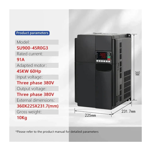 37kW 3 Phase 380V VFD Variable Frequency Drive Motor Inverter Speed Controller Workhorse For Industrial Equipment With Easy Setup And Smooth RPM Control For Precise Speed Regulation And Energy Saving Operation, front view with dimensions