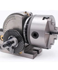 Heavy Duty 8 Inch Chuck Indexing Head Set With Precision Half Indexing For Milling Machines And Rotary Tables, silver metal construction.