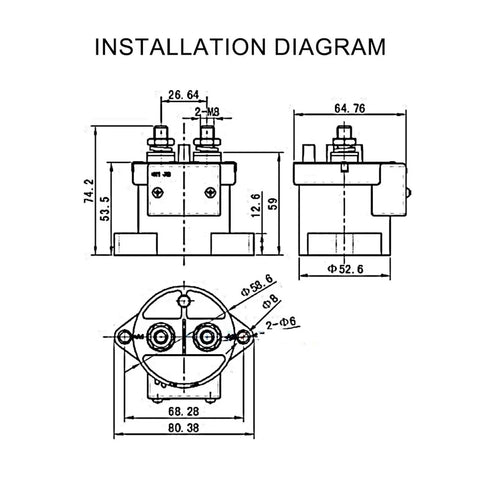 Installation diagram of Bulletproof Heavy Duty Dc Contactor Relay Switch For Electric Car Charger, detailed dimensions provided.