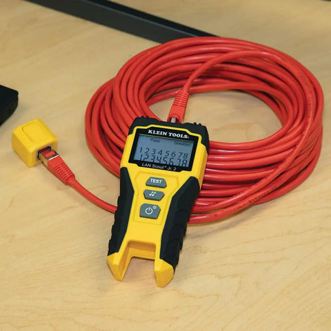 LAN Scout Jr 2 Ethernet Cable Tester For CAT5e CAT6 CAT6A RJ45 Cables With Backlit LCD Wiremap on coiled red cable