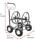 Rock Solid Heavy Duty Garden Hose Reel Cart With Smooth Rolling Steel Frame And No Nonsense Brass Fittings For Weekend Warrior Yard Work Car Washing And Dry Land Irrigation dimensions showing height and width.