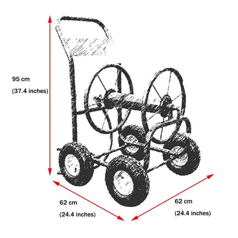 Rock Solid Heavy Duty Garden Hose Reel Cart With Smooth Rolling Steel Frame And No Nonsense Brass Fittings For Weekend Warrior Yard Work Car Washing And Dry Land Irrigation dimensions showing height and width.