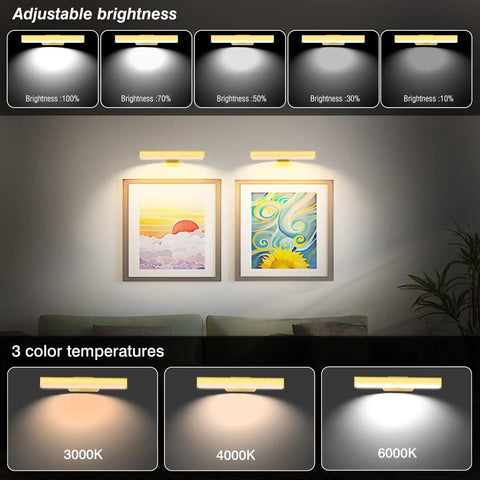 4 Pack Wireless Picture Light With Remote Battery Operated Wall Sconces illuminating framed artwork with adjustable brightness and color temperature.