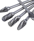 Close-up of a 10-piece long carbide burr set with 1/8" shanks; 4" overall length, tungsten carbide rotary bits.
