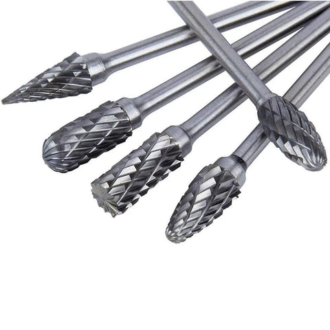 Close-up of a 10-piece long carbide burr set with 1/8" shanks; 4" overall length, tungsten carbide rotary bits.