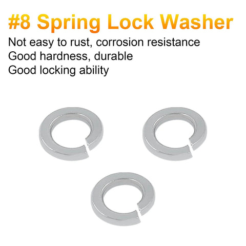 Spring lock washer #8, stainless steel, silver; 3 washers shown (top view)