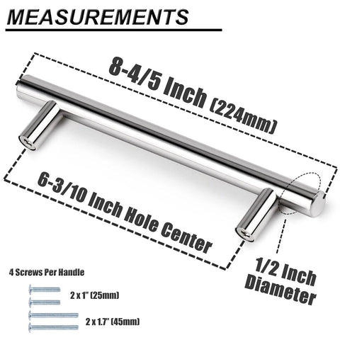5 Pack Chrome Kitchen Cabinet Pulls Euro T Bar Handles showing measurements