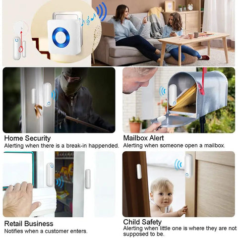 Wireless Door Alarm Sensor System For Dementia Caregivers And Home Security 260 Feet Range With 3 Sensors And 2 Receivers No Fuss Setup No Wiring Needed Real Time Chime Alerts For Elderly Kids Office Store shown on door, mailbox and retail uses