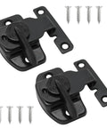 Bulletproof Four Piece Black Metal Table Locks Heavy Duty Desktop Securing Hardware Galvanized Steel Furniture Mounting Brackets With Screws close-up of two black metal locks with screws.