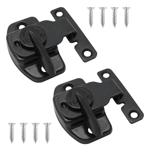 Bulletproof Four Piece Black Metal Table Locks Heavy Duty Desktop Securing Hardware Galvanized Steel Furniture Mounting Brackets With Screws close-up of two black metal locks with screws.